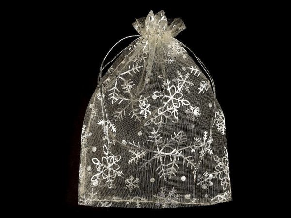Vánoční dárkový pytlík vločky 13x18 cm organza