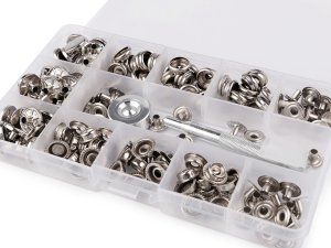 Sada stiskacích knoflíků s kroužkem Ø15 mm s razičem a průbojníkem, na silné látky