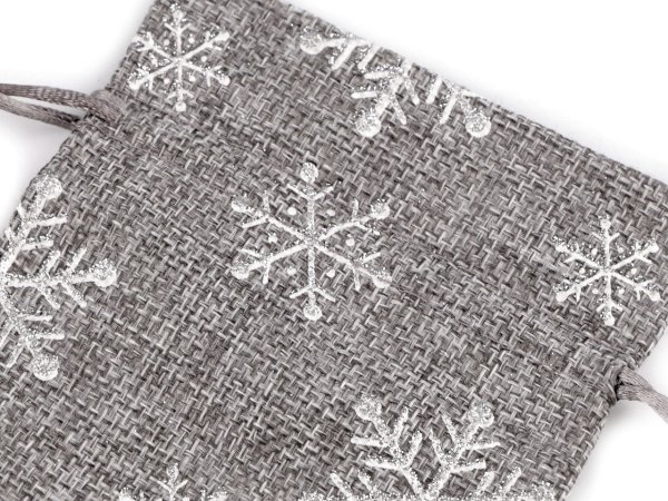 Vánoční dárkový pytlík vločky s glitry 10x13 cm imitace juty